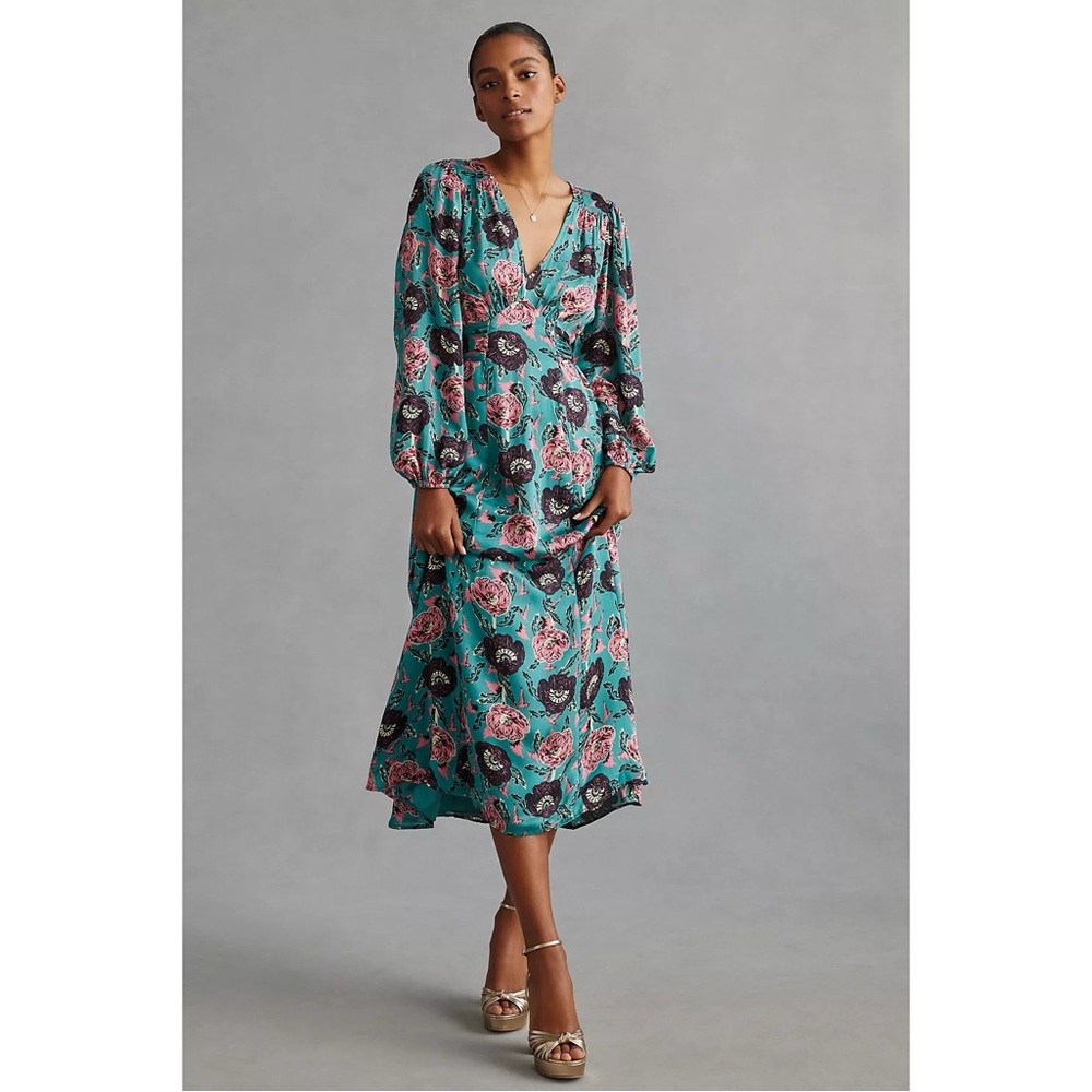 Anthropologie x Temperley London Printed V-Neck Midi Dress in Blue & Pink Floral
